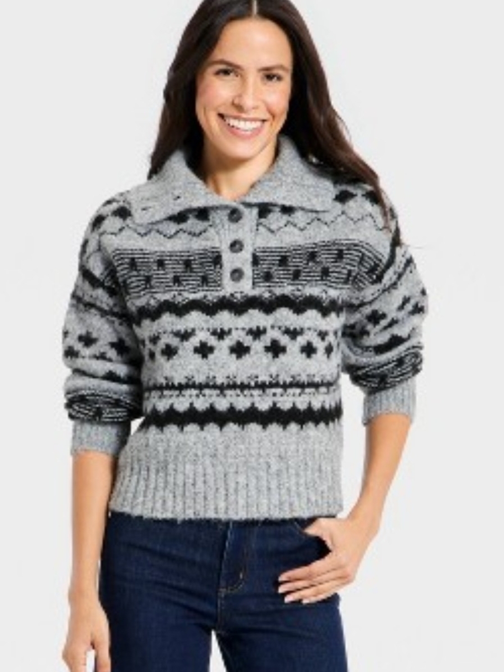 Universal Thread Women Fairisle Henley Shawl Sweater